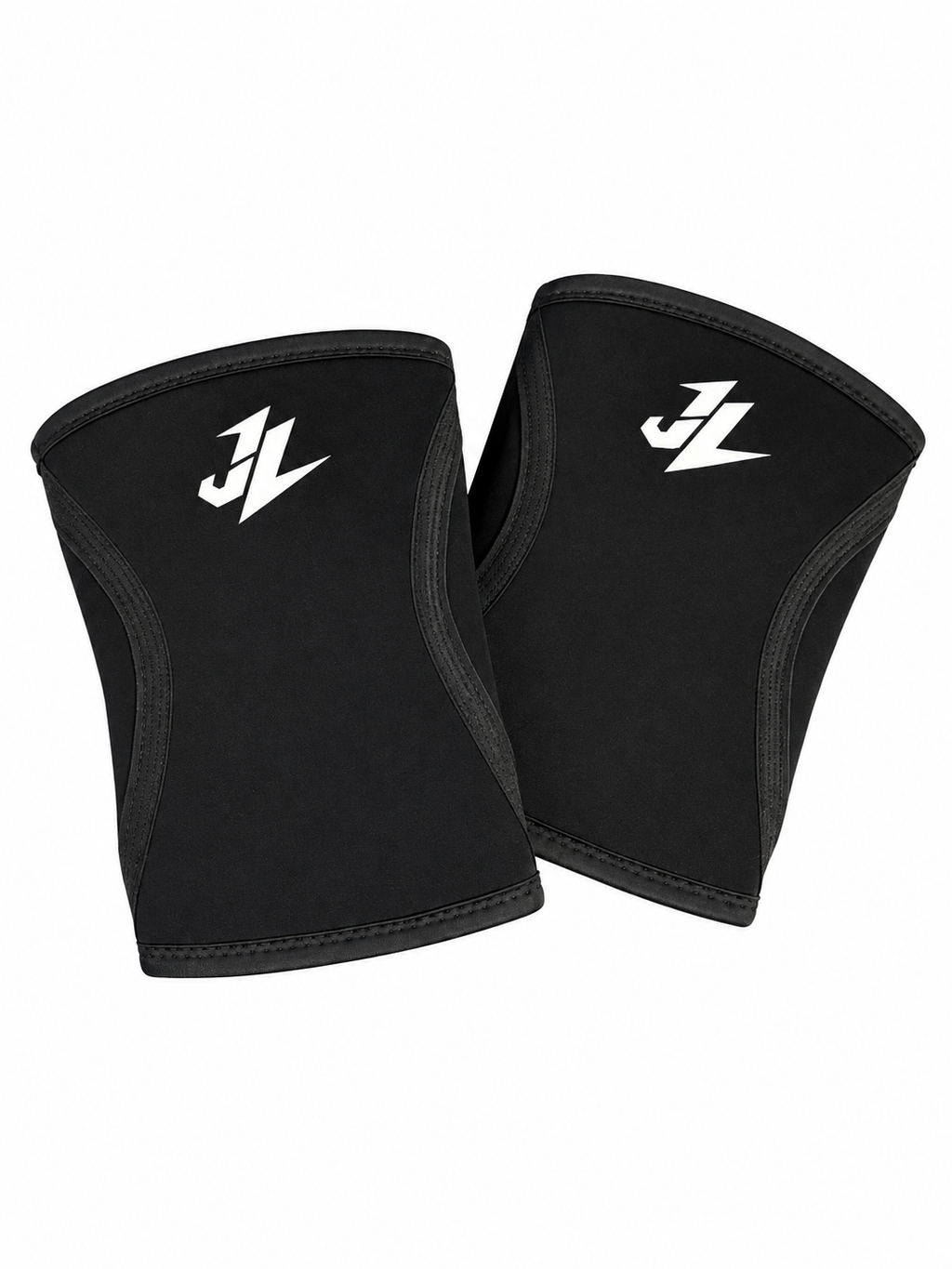 Rodilleras J-LAR 5 mm de neopreno negras — vista frontal, par con logo JL