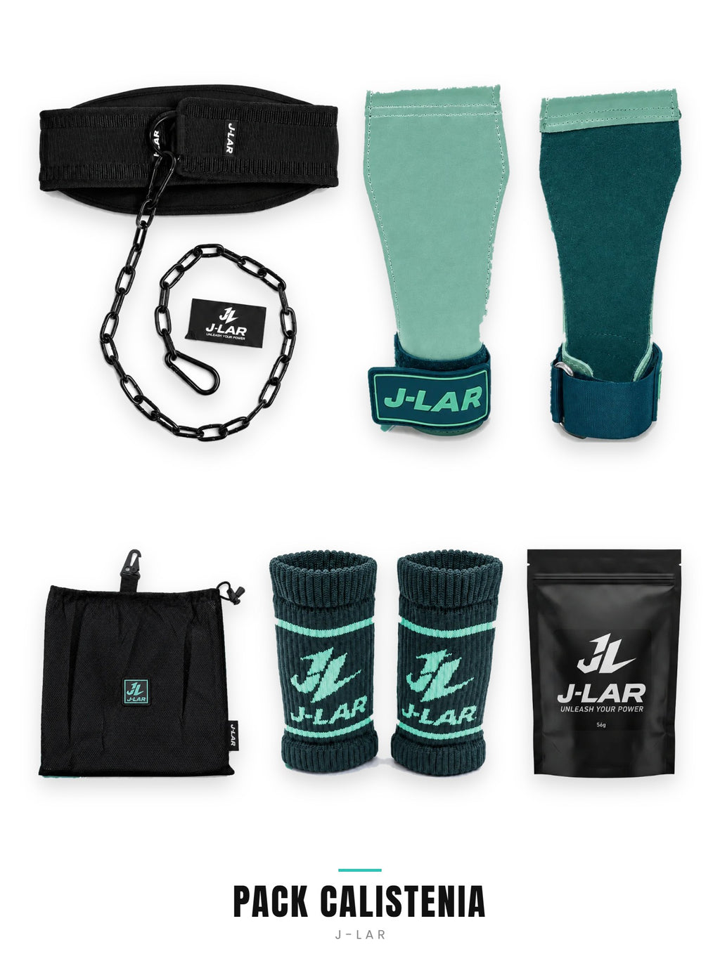 Pack Calistenia J-LAR: cinturón de lastre con cadena, kit de calleras Grip-Lock turquesa y magnesio en bola