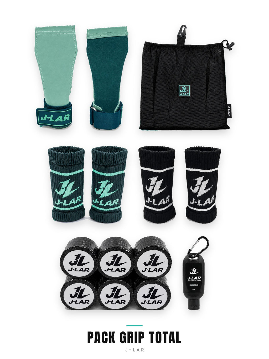 Pack Grip Total J-LAR: kit de calleras Grip-Lock turquesa con bolsa y muñequeras, tape de halterofilia, muñequera negra extra y magnesio líquido