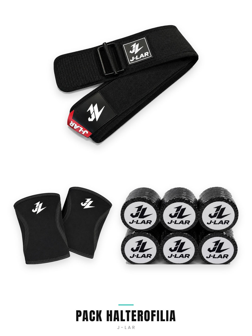 Pack Halterofilia J-LAR: cinturón lumbar, rodilleras 5 mm y tape