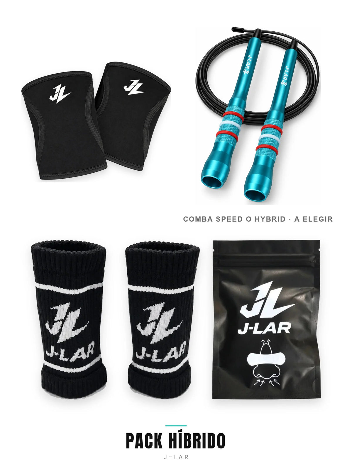 Pack Híbrido J-LAR: rodilleras 5 mm, comba (Speed o Hybrid), muñequeras y tiras nasales